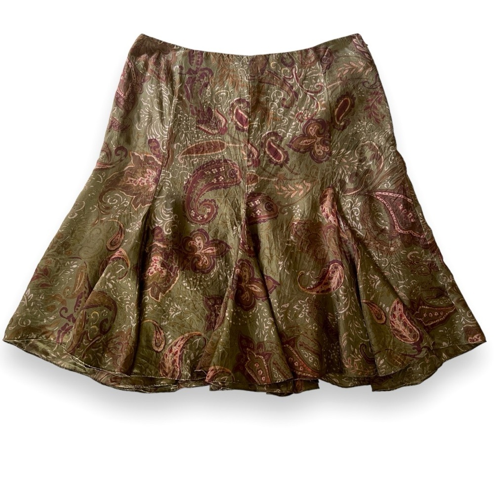 Ralph Lauren Olive Green Paisley Flared Skirt with Mauve Accents